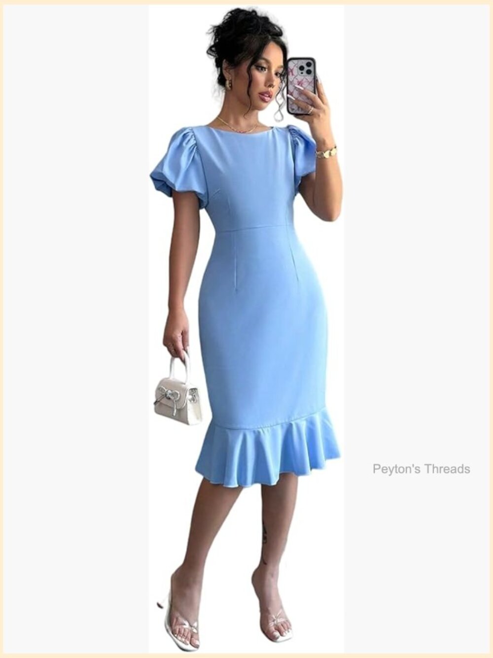 Elegant Puff Sleeve Ruffle Trim Bodycon Midi Dress for Women